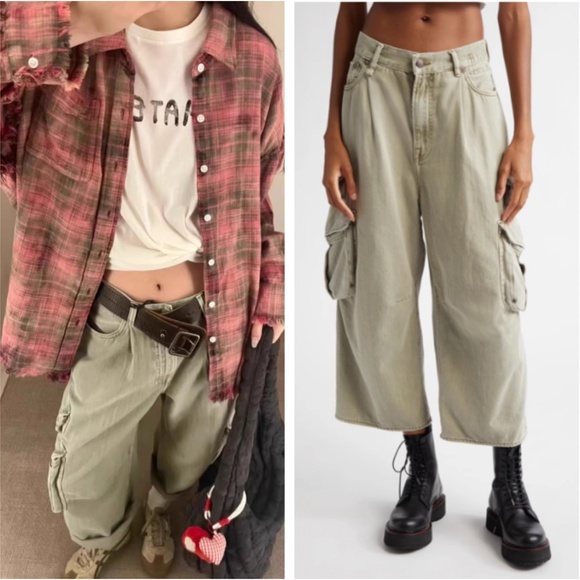 NWT R13 Multipocket Crop Cargo Jeans - Olive Green Garment Dye - Picture 1 of 13